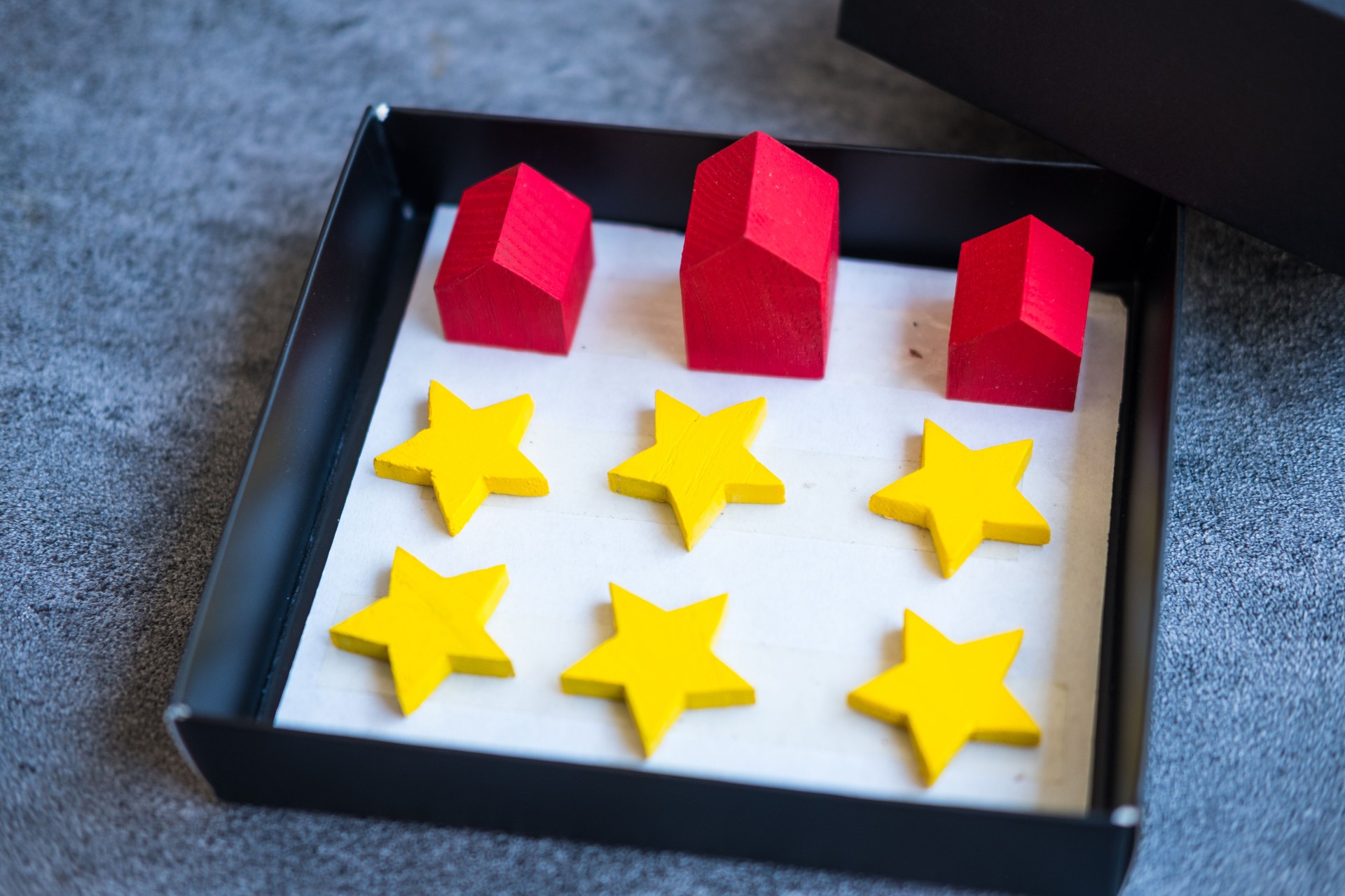 Boîte ouverte avec trois maisons rouges avec des étoiles jaunes pour l’évaluation.