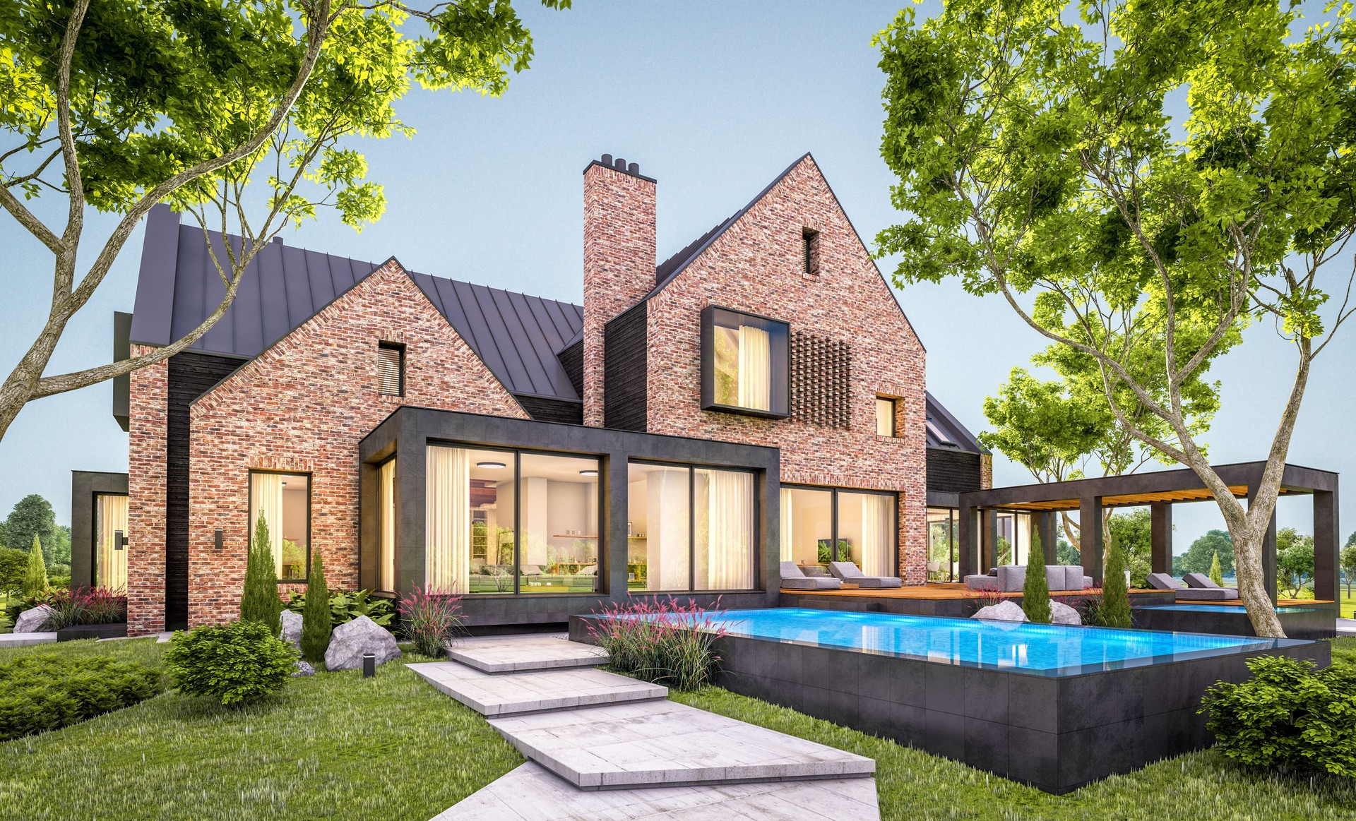 rendu 3D de la maison de clinker moderne sur les étangs avec la piscine en soirée